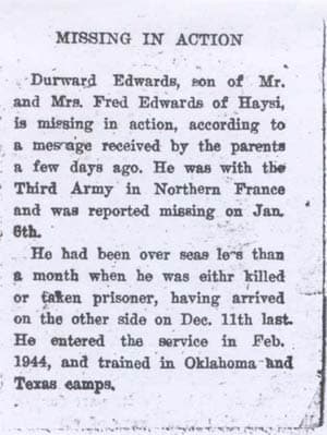 Durward Edwards Missing in Action Article